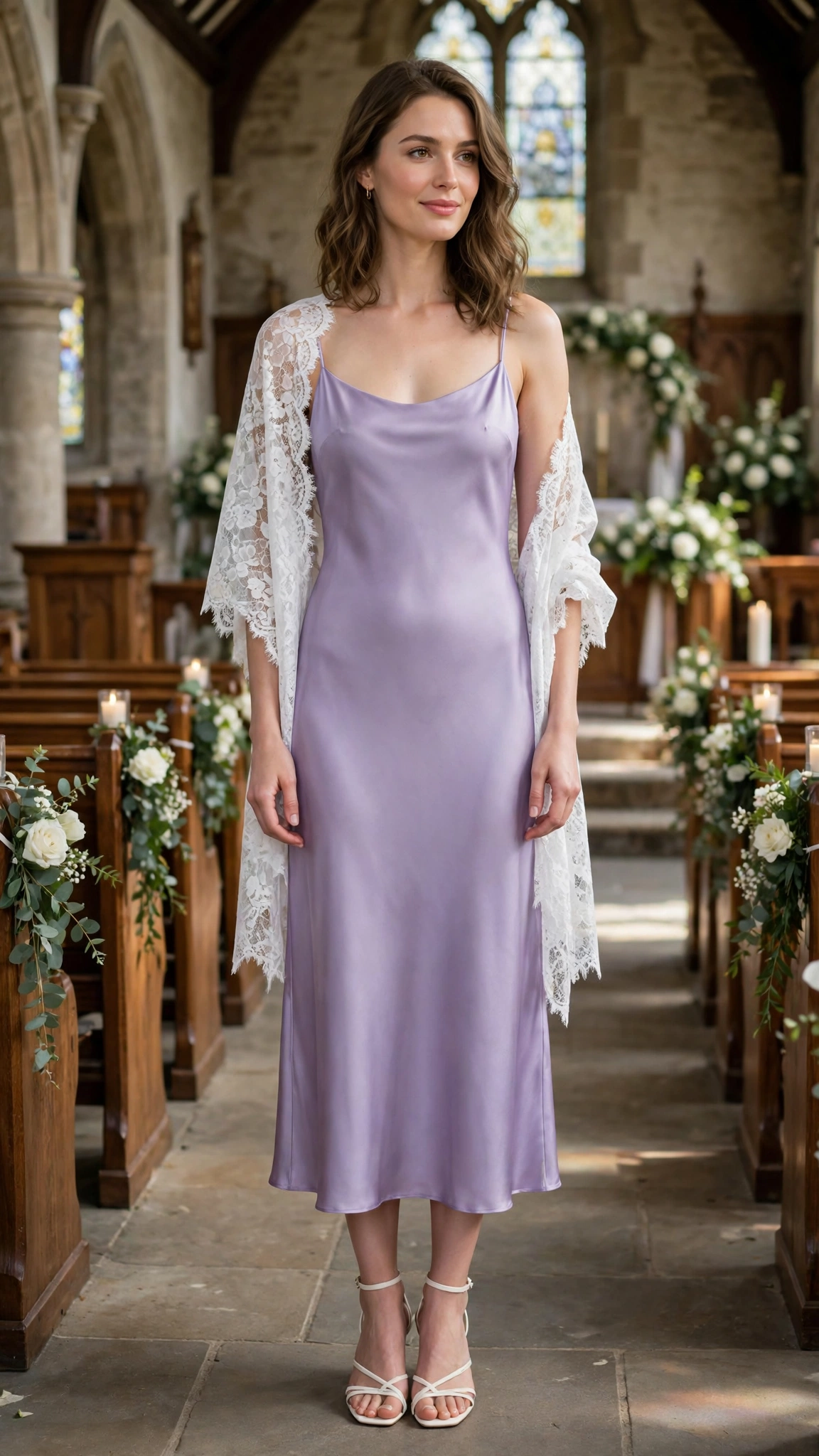 Lavender slip midi dress with a white lace shawl