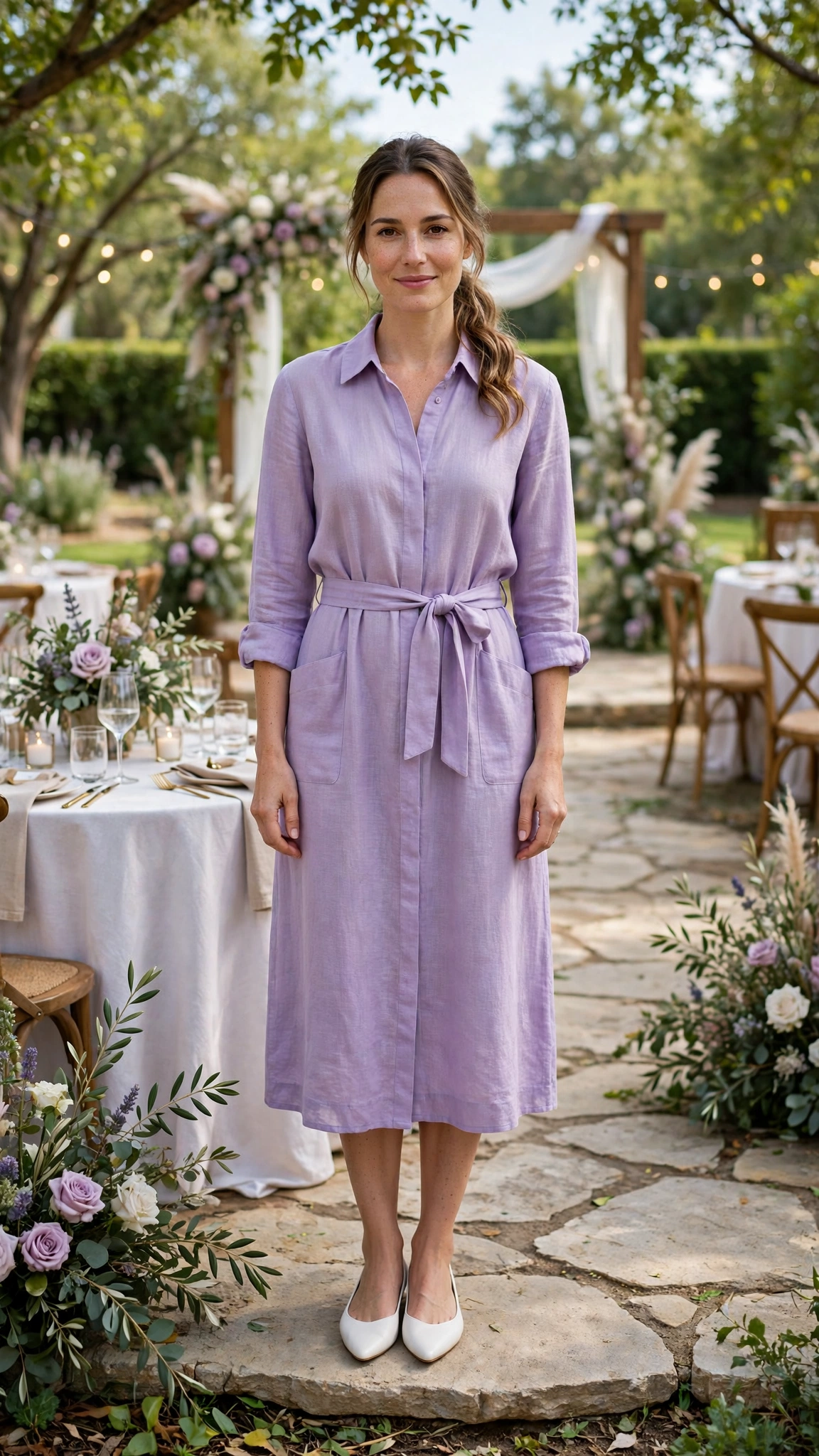 Lavender shirt midi dress with white pointed flats