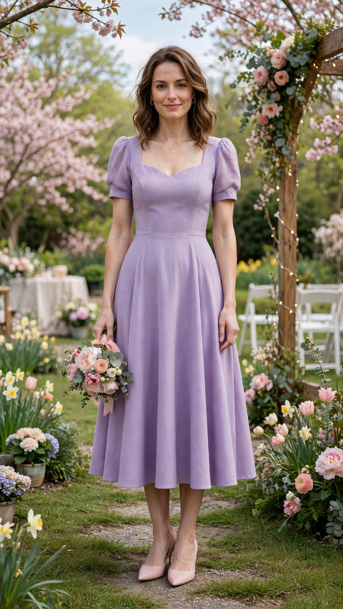 Lavender fit-and-flare midi dress with blush kitten heels