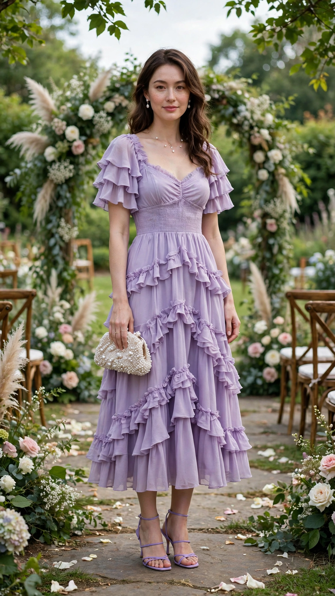 Lavender tiered midi dress with a pearl clutch