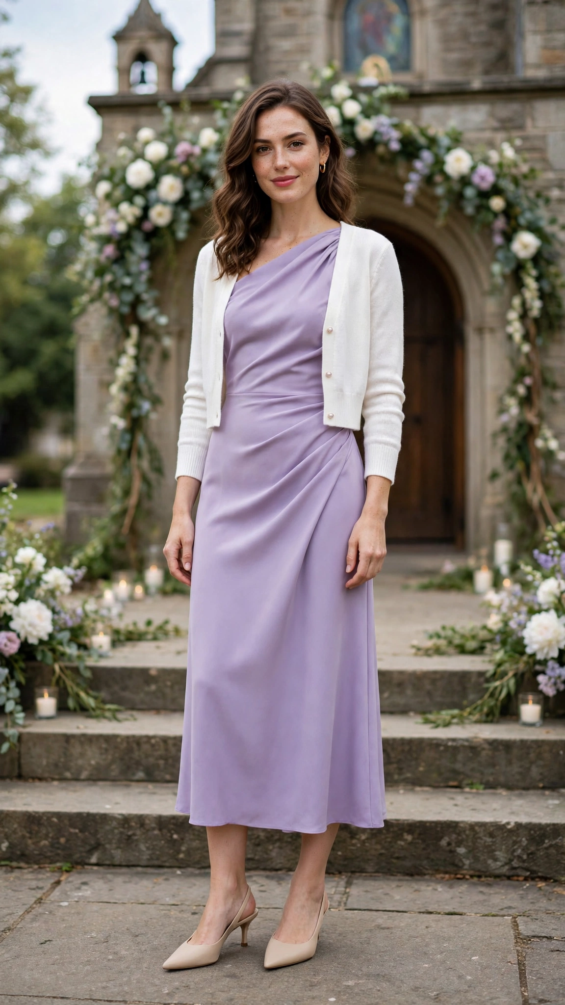 Lavender one-shoulder midi dress with a white cropped cardigan
