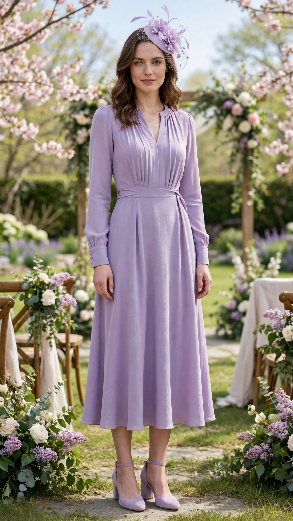 Lavender long-sleeve midi dress with a lilac fascinator
