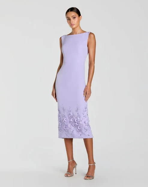 Lavender sleeveless midi dress with silver strappy heels