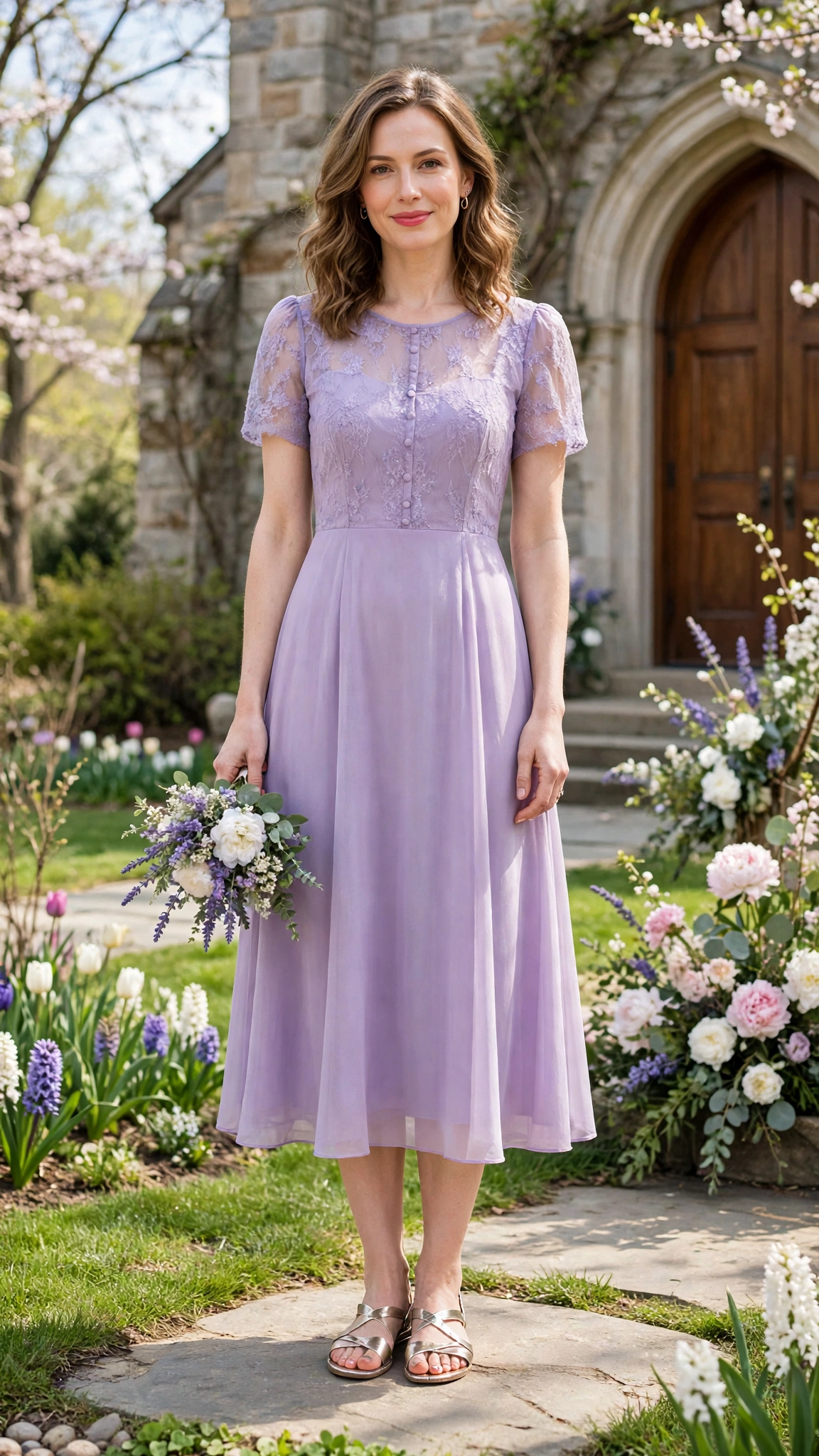 Lavender tea-length dress with metallic sandals