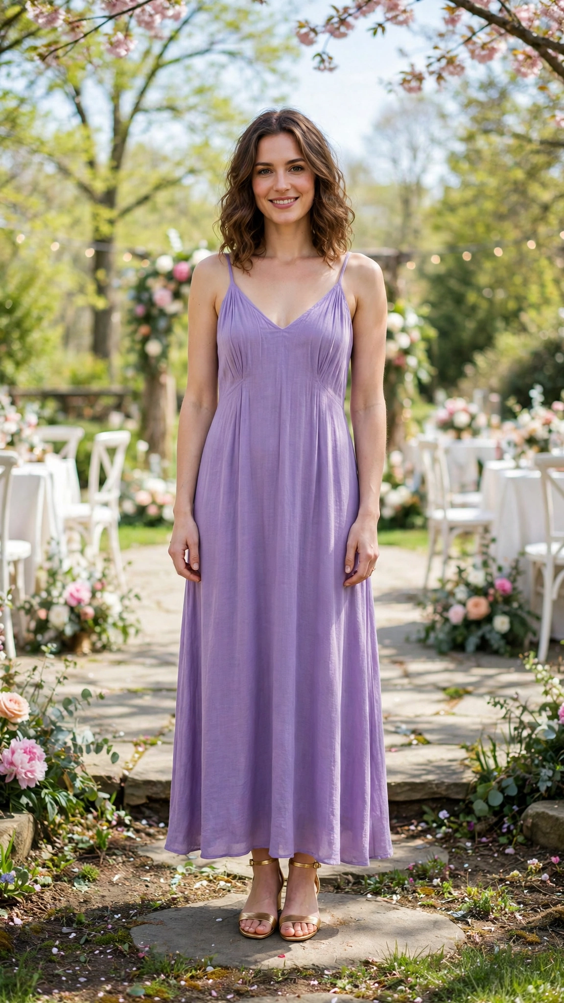 Lavender maxi dress with gold sandals