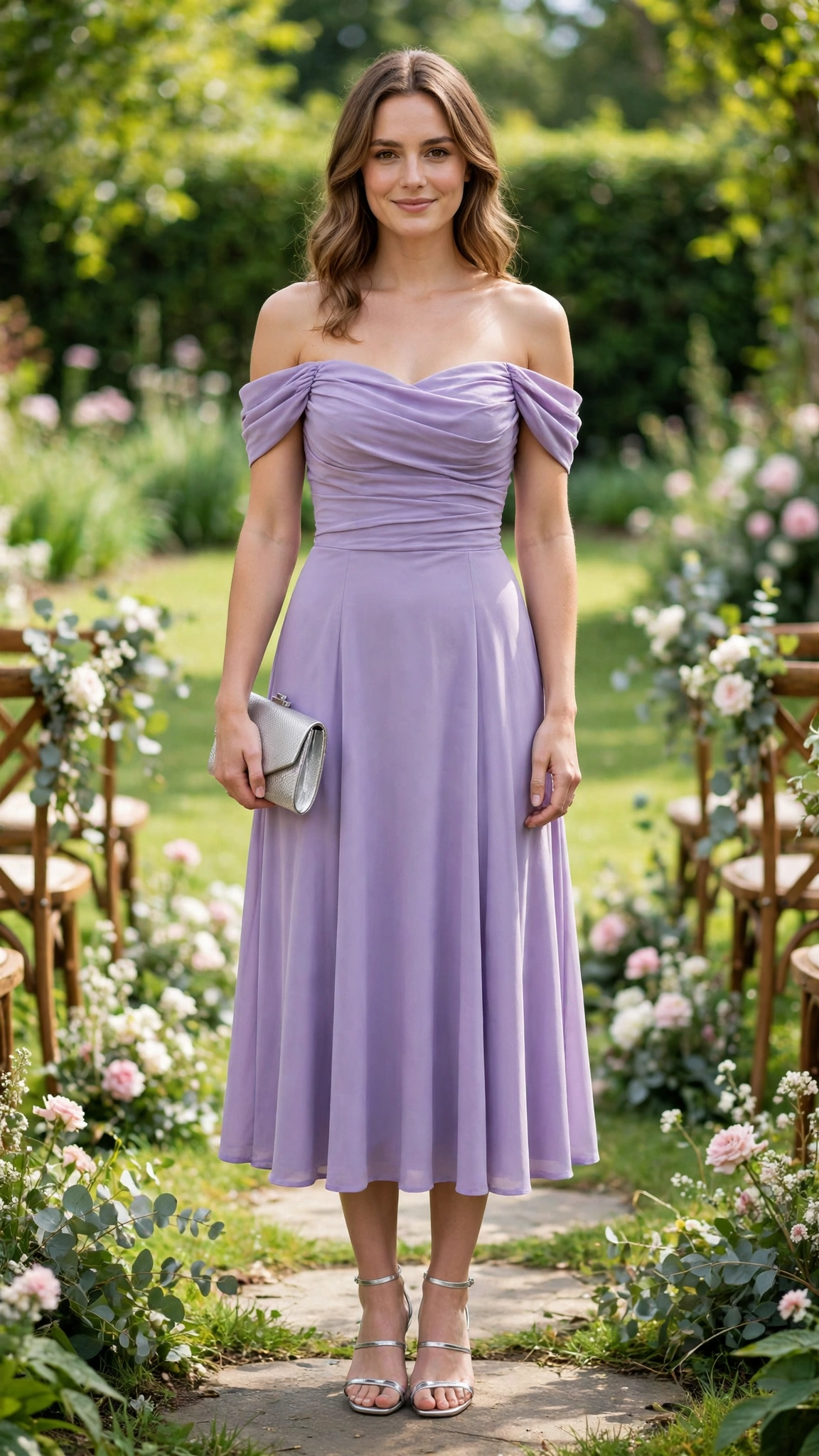 Lavender off-shoulder midi dress with a silver clutch