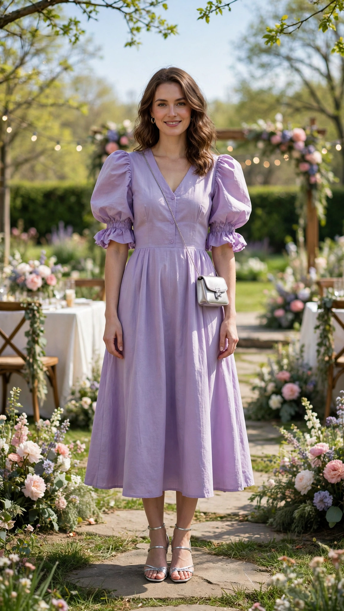 Lavender puff-sleeve midi dress with a small silver crossbody bag