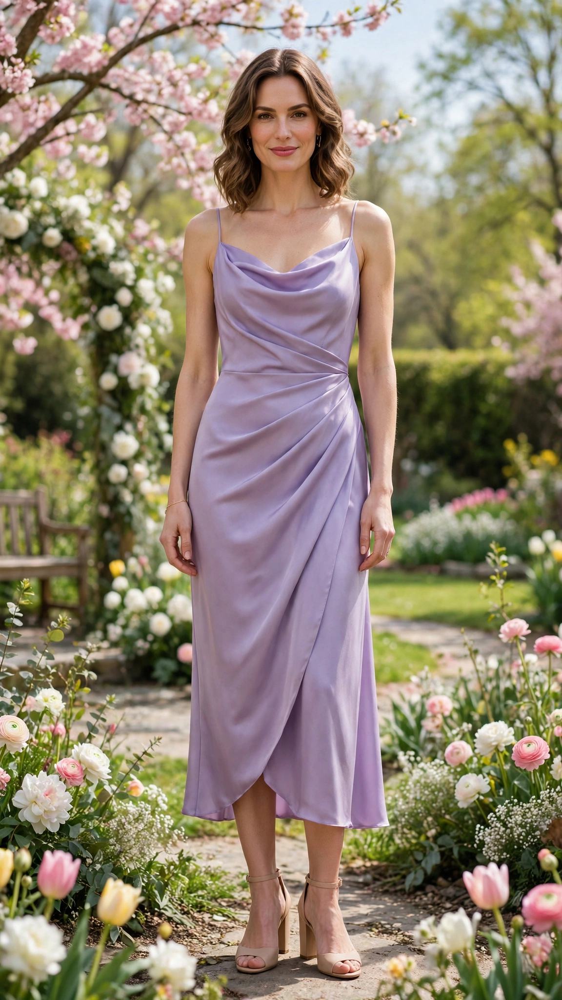 Lavender bias-cut midi dress with nude block heels