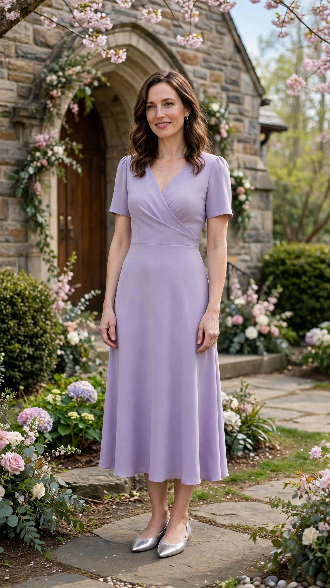 Lavender crepe midi dress with silver pointed flats