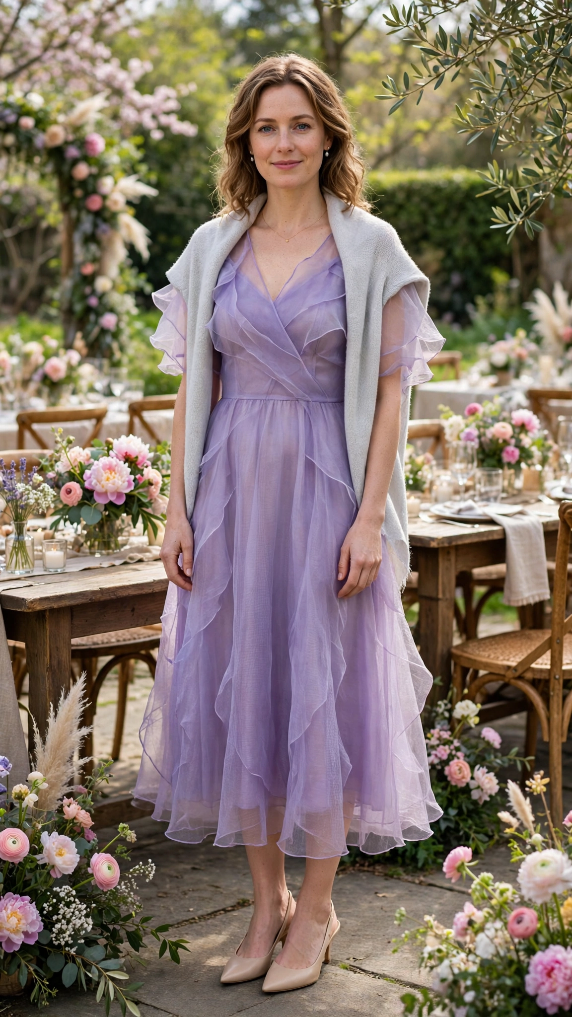 Lavender organza midi dress with a pale grey shawl