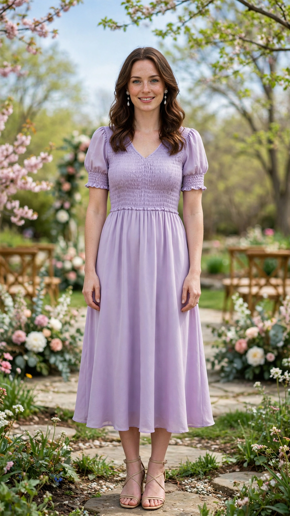 Lavender smocked midi dress with pearl drop earrings