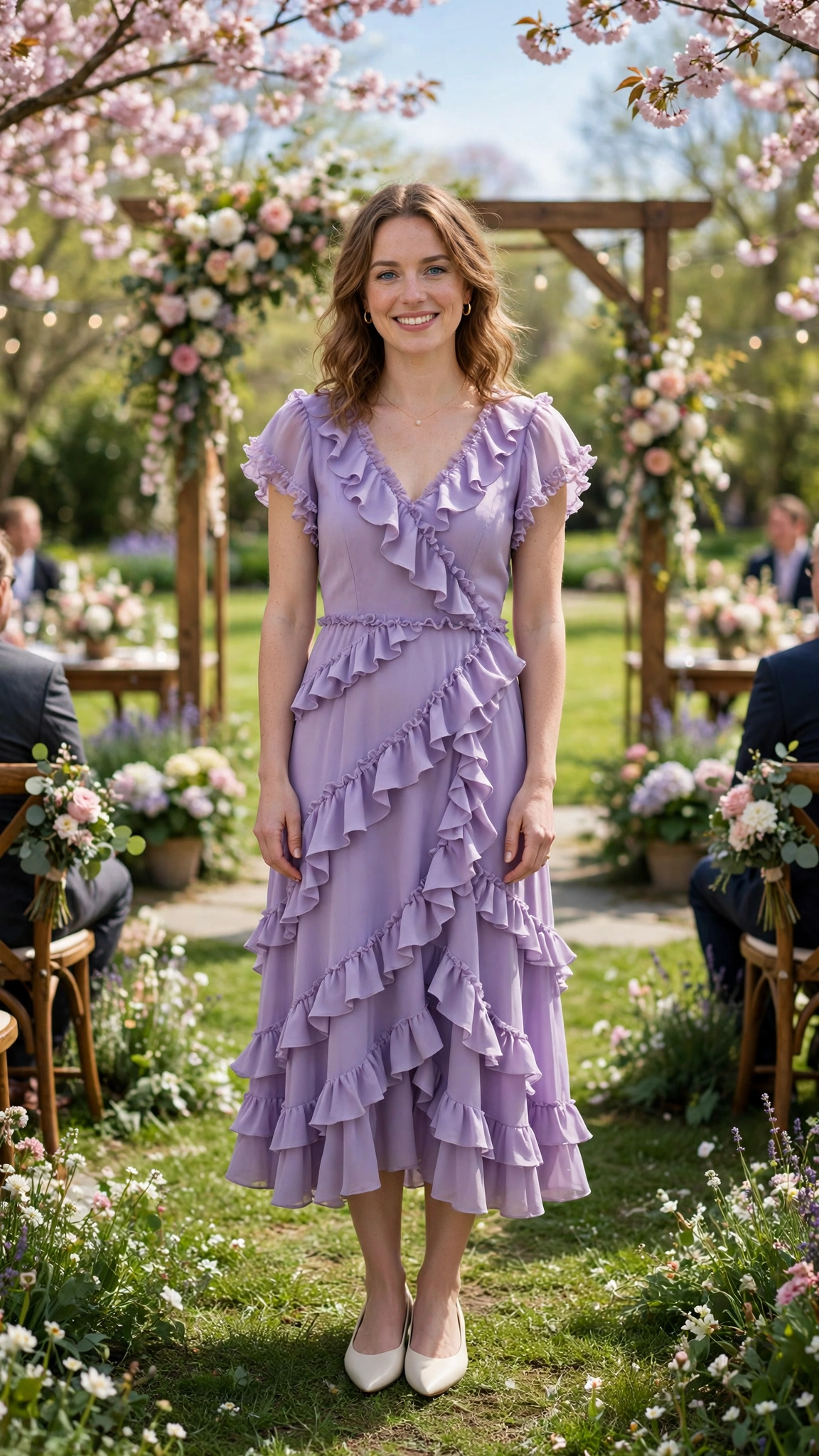 Lavender ruffled midi dress with ivory pointed flats