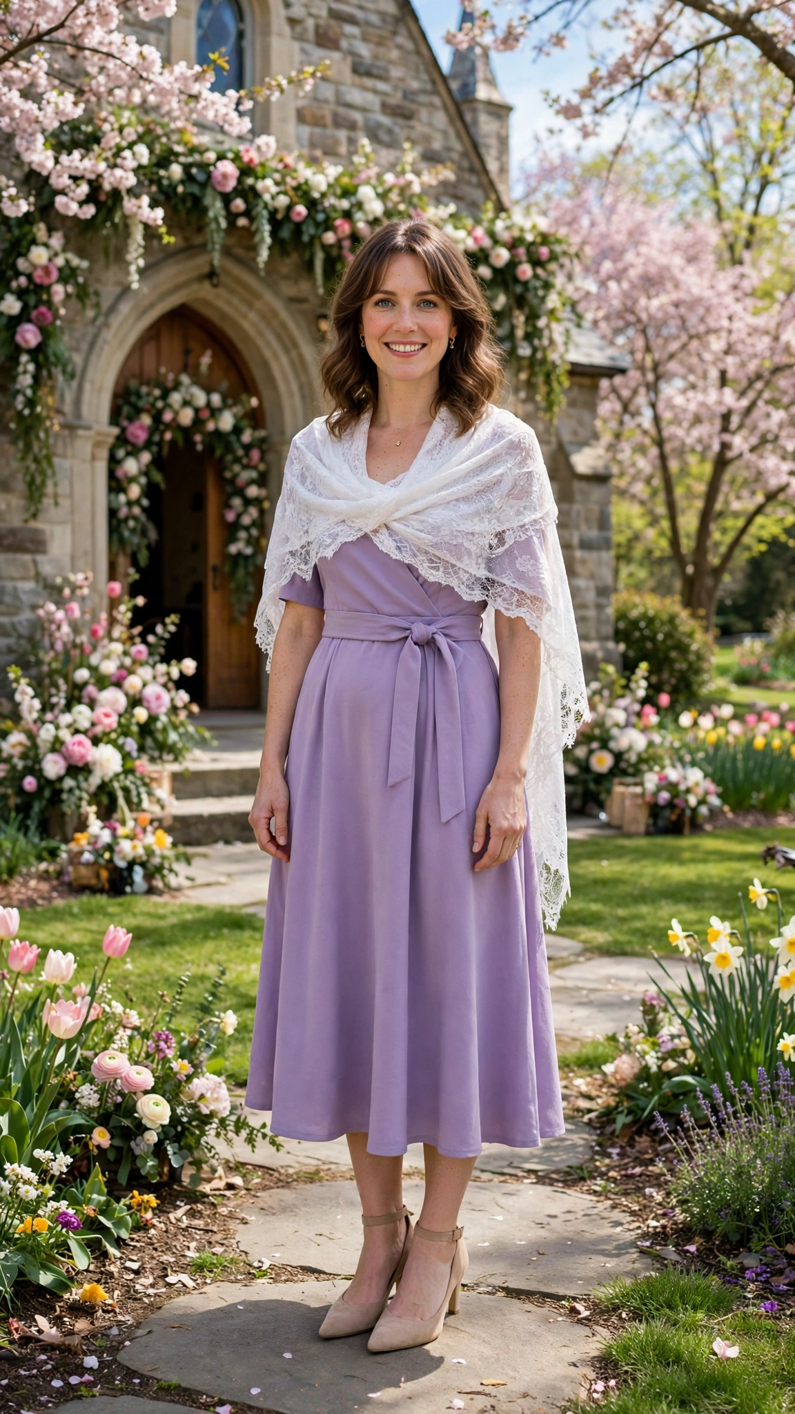 Lavender belted midi dress with a white lace shawl