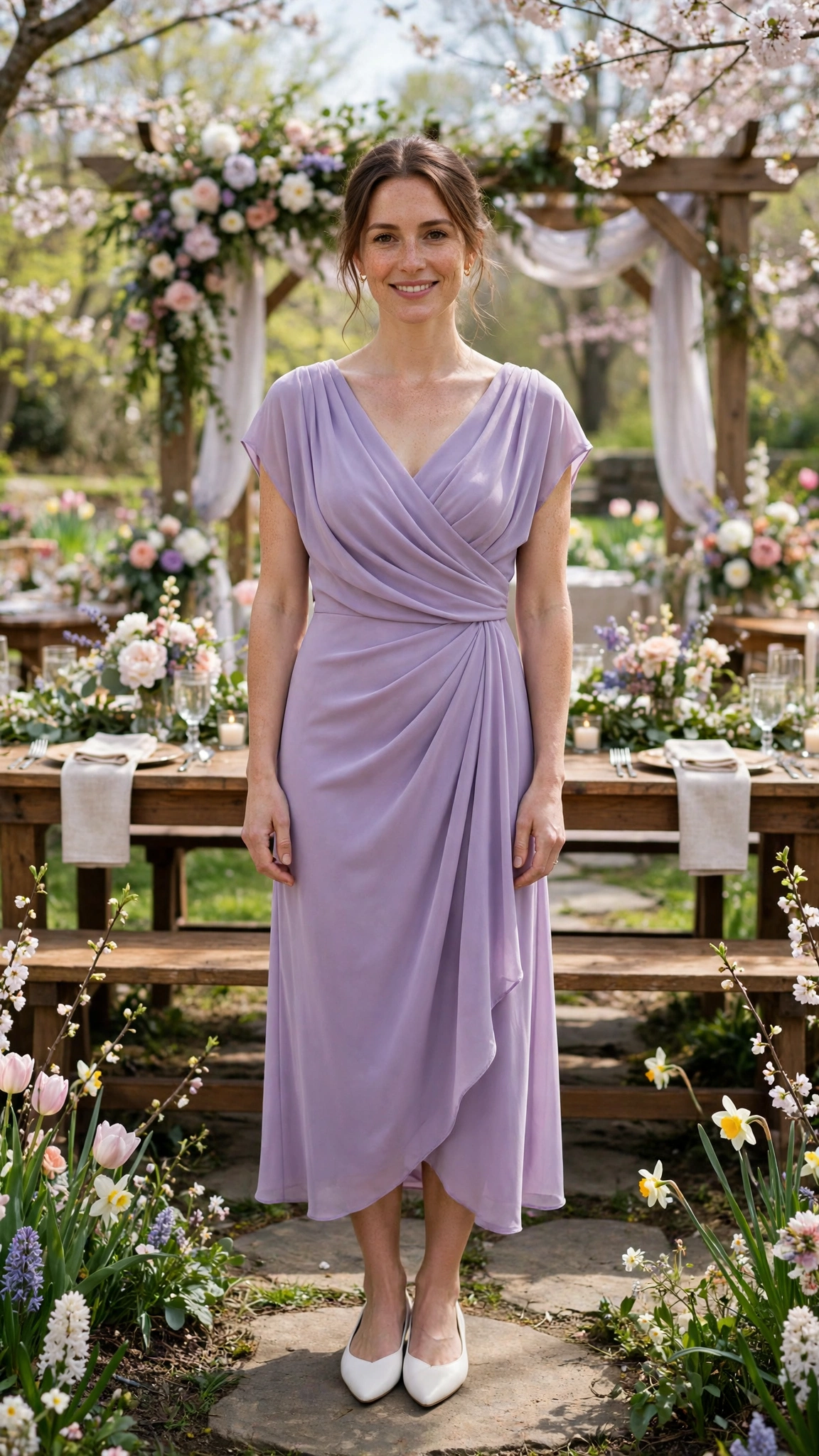 Lavender draped midi dress with white pointed flats