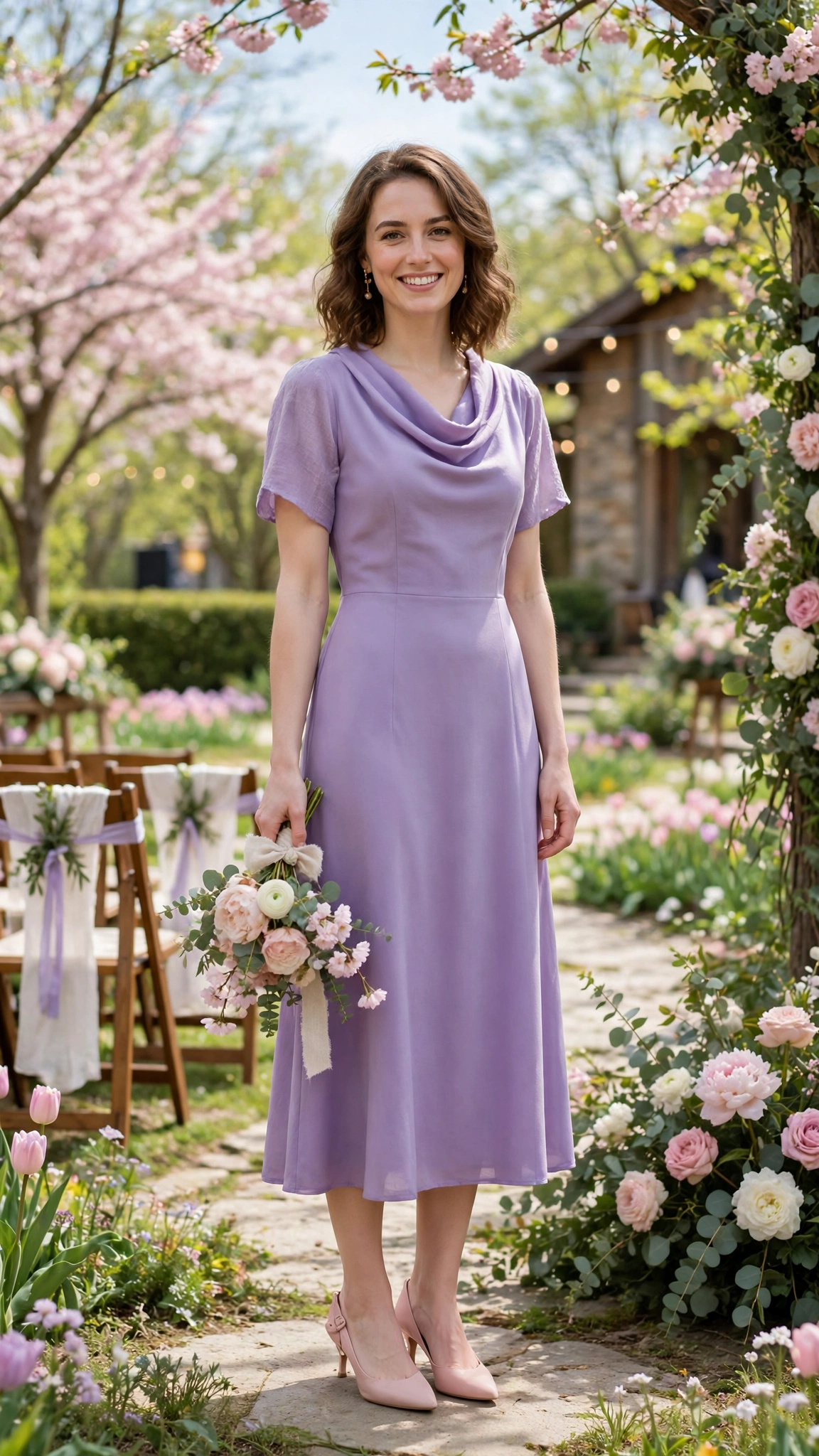 Lavender cowl-neck midi dress with blush kitten heels