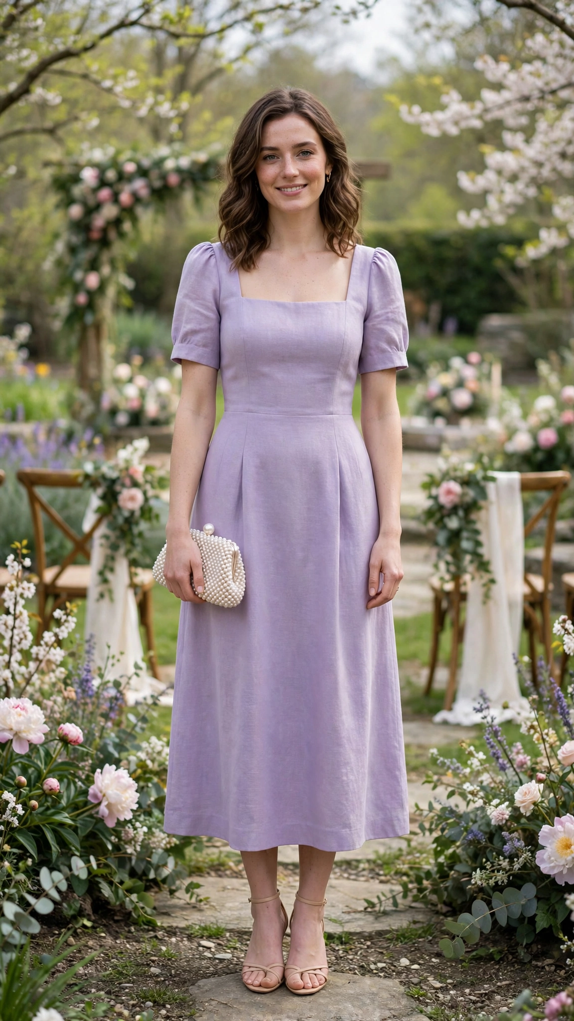 Lavender square-neck midi dress with a pearl clutch
