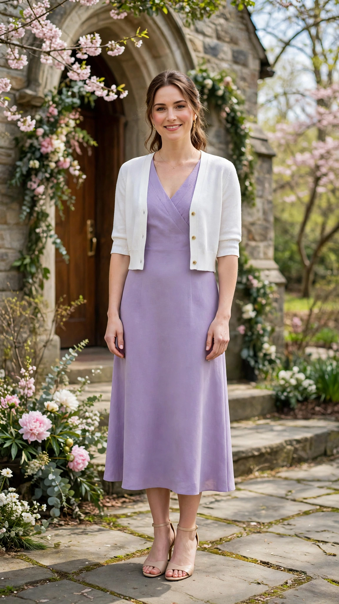 Lavender V-neck midi dress with a white cropped cardigan