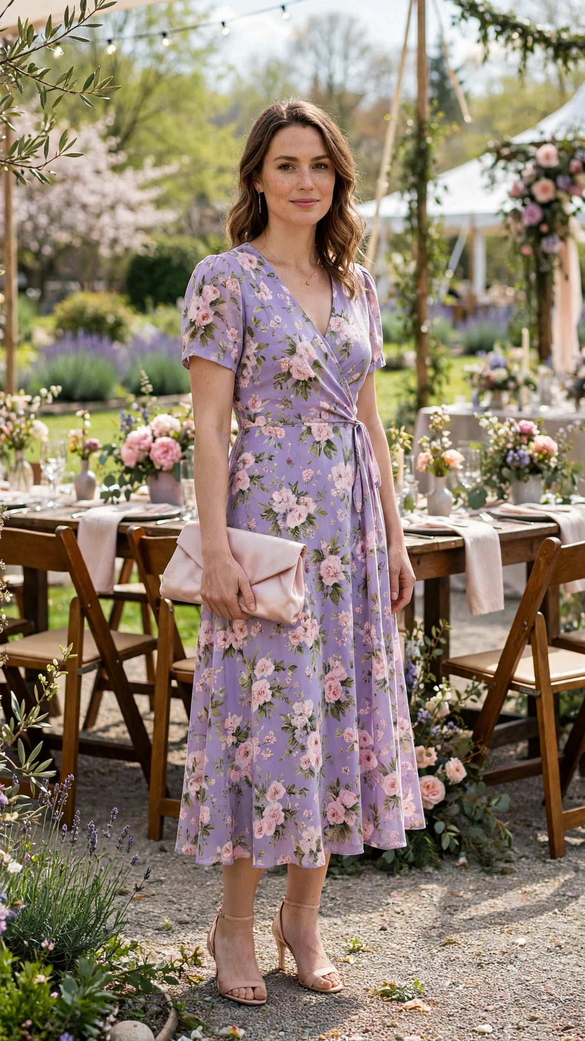 Lavender floral midi dress with a blush satin clutch