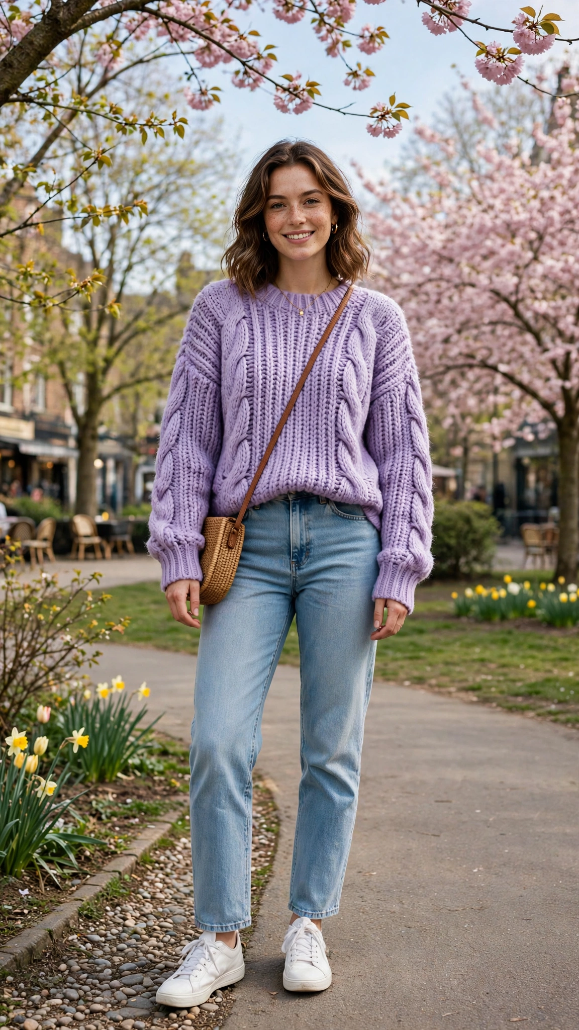 Lavender chunky knit sweater with light-wash straight jeans
