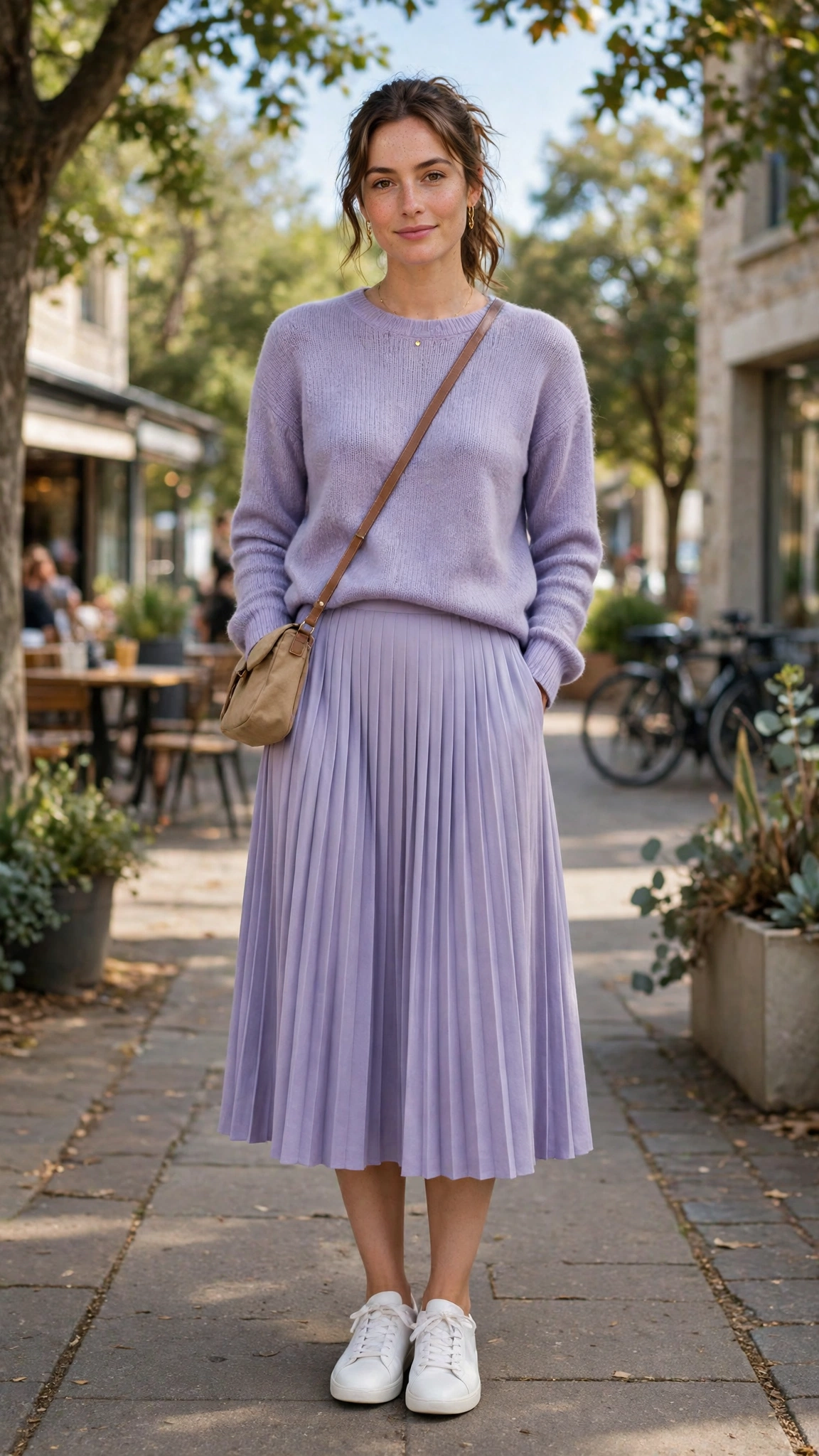 Lavender fine-knit sweater with a pleated midi skirt