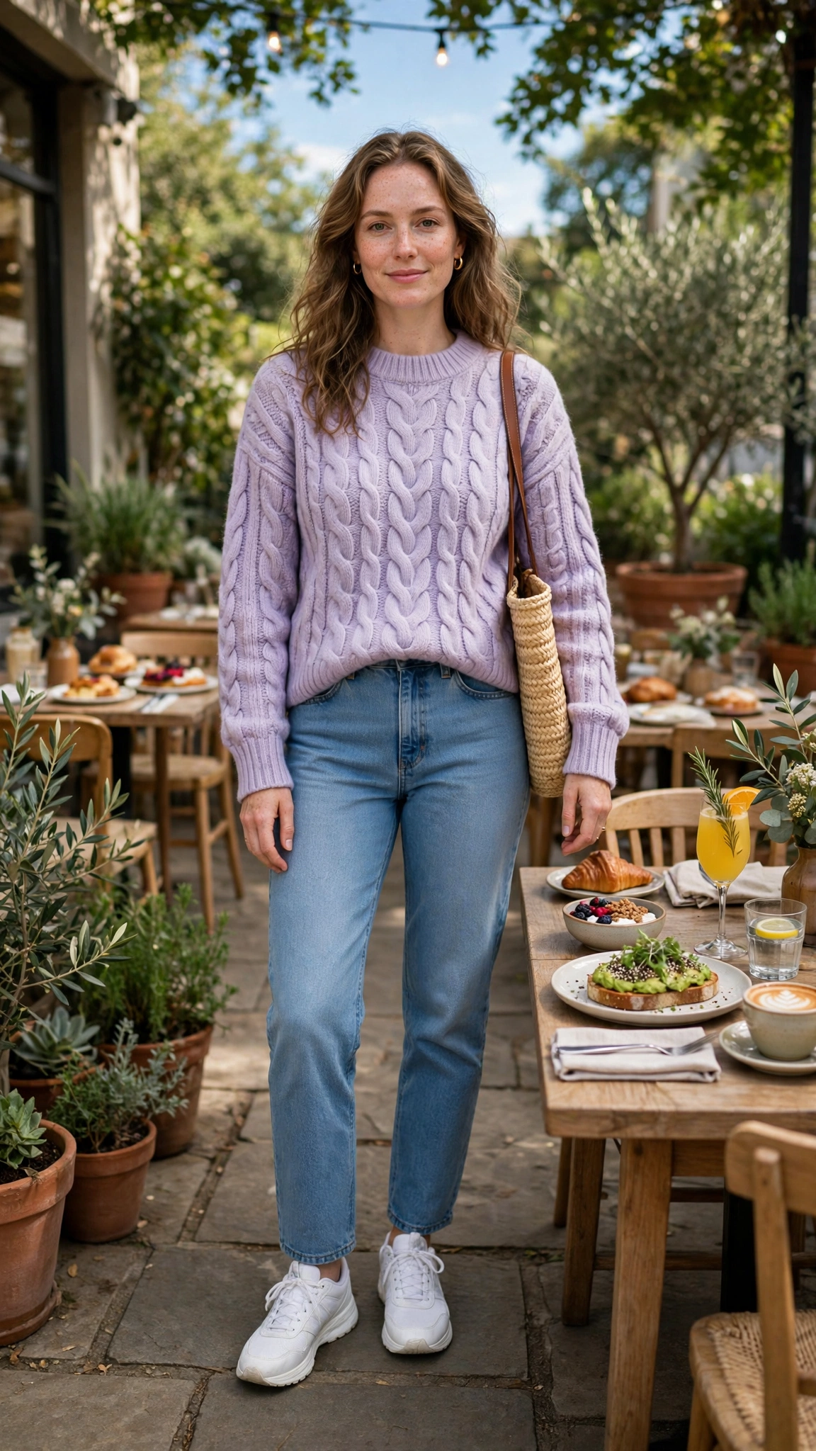 Lavender cable-knit sweater with white trainers