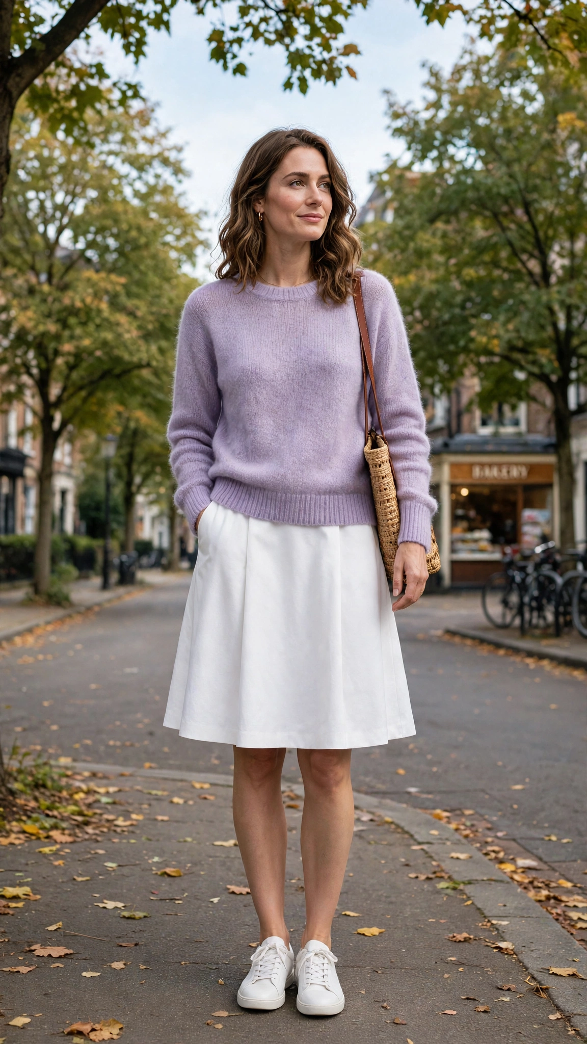 Lavender cashmere sweater with a white A-line skirt