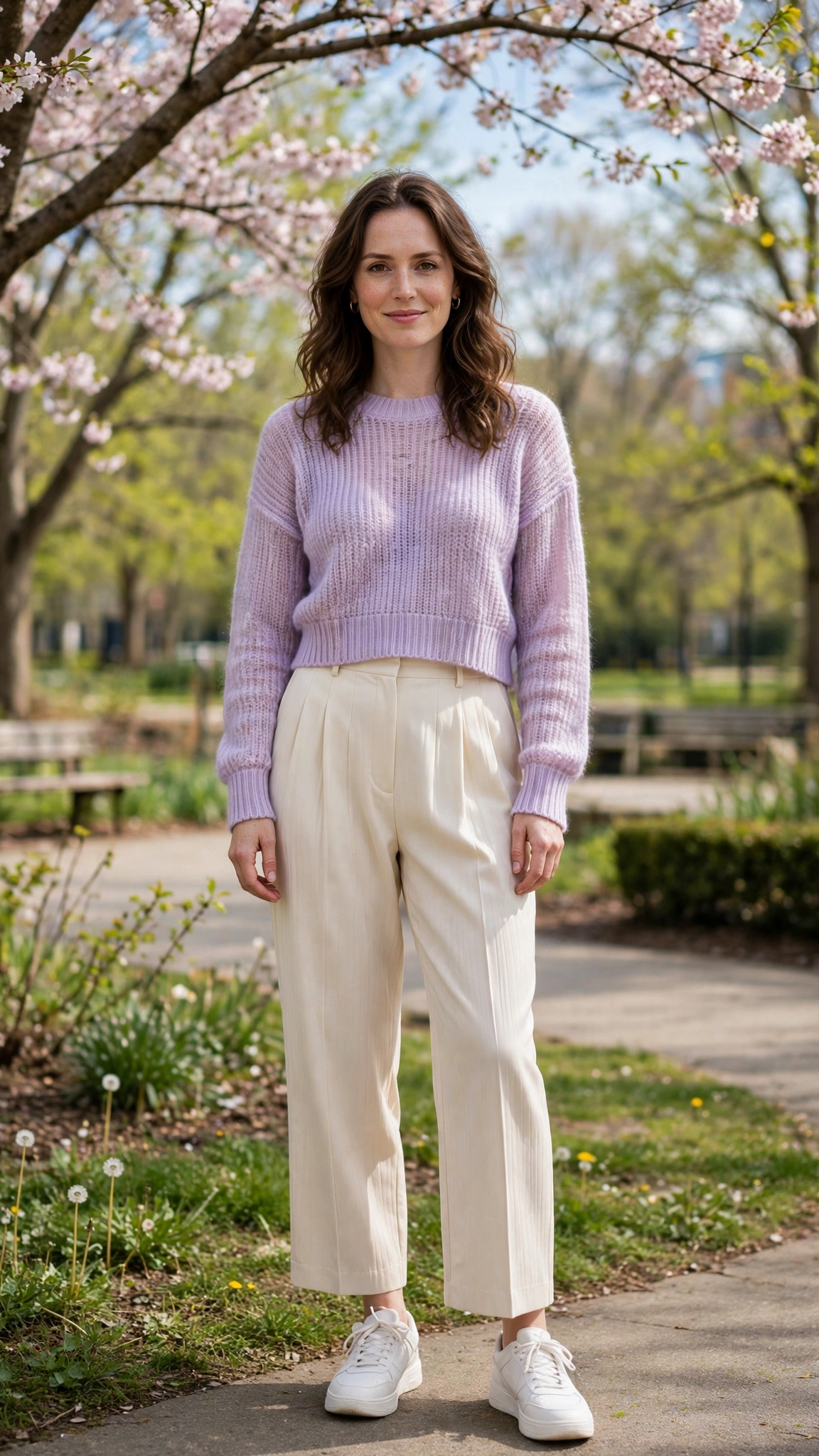Lavender cropped sweater with cream pleated trousers