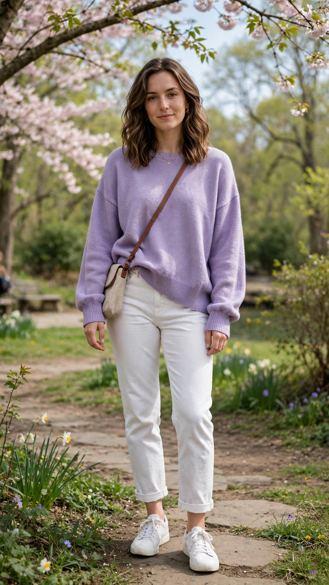 Lavender oversized sweater with white jeans