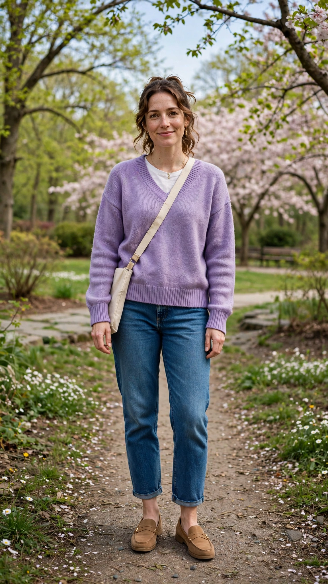 Lavender V-neck sweater with tan loafers