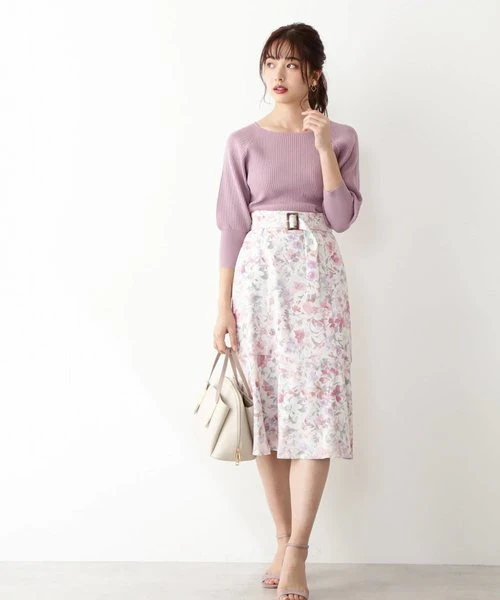 Lavender ribbed sweater with a floral midi skirt