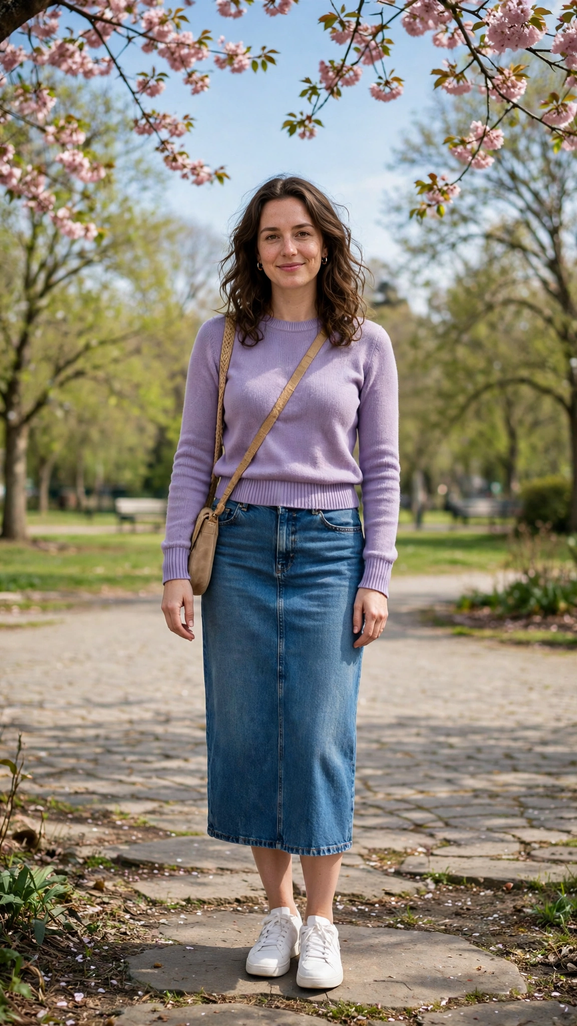 Lavender fitted sweater with a denim midi skirt