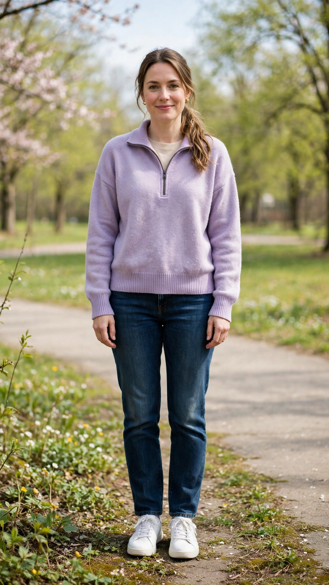 Lavender half-zip sweater with dark-wash jeans