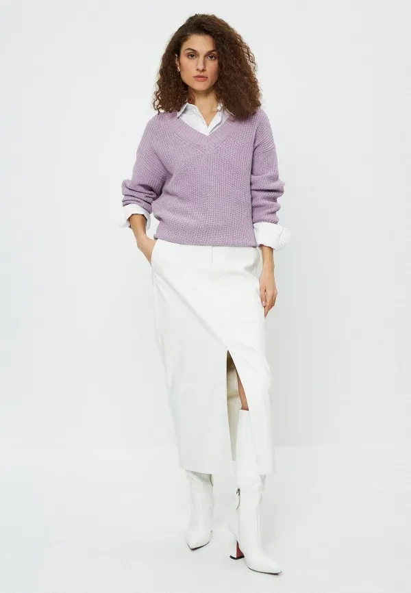 Lavender fine-knit sweater with white ankle boots