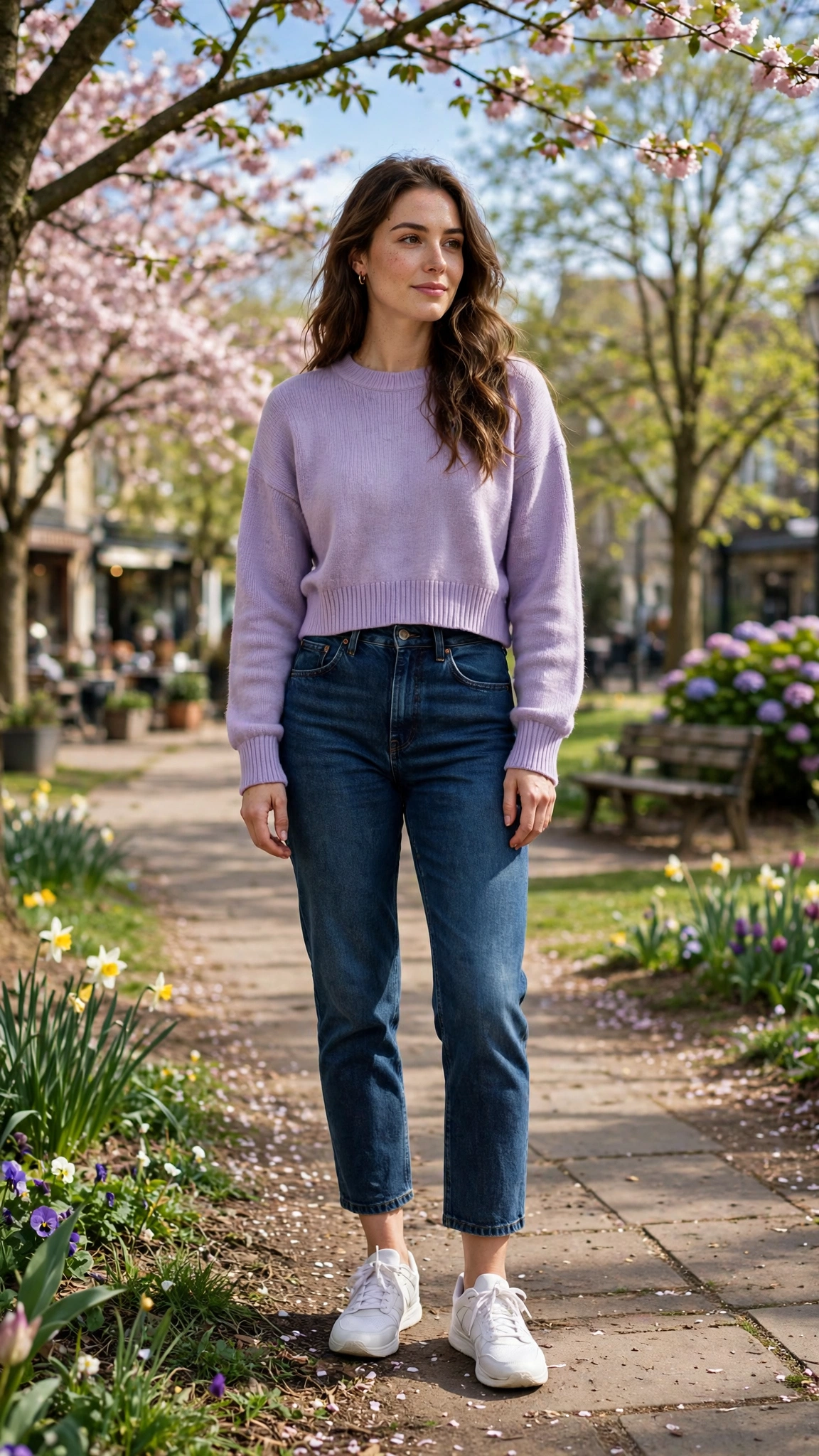 Lavender cropped sweater with dark-wash jeans