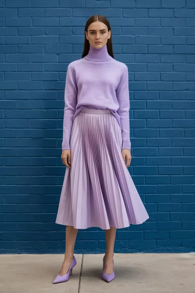 Lavender turtleneck sweater with a pleated midi skirt