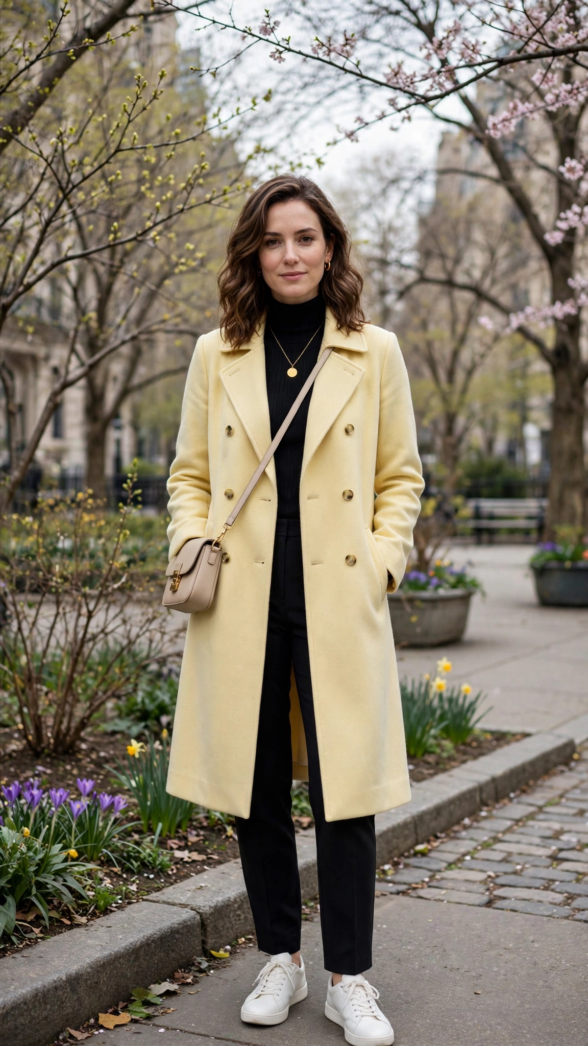 Pale Yellow Long Coat with a gold pendant necklace