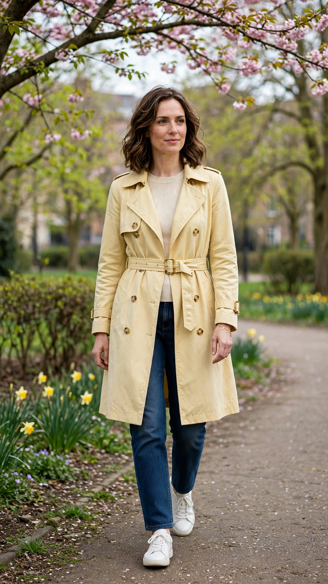Soft Yellow Trench Coat with a delicate gold bracelet