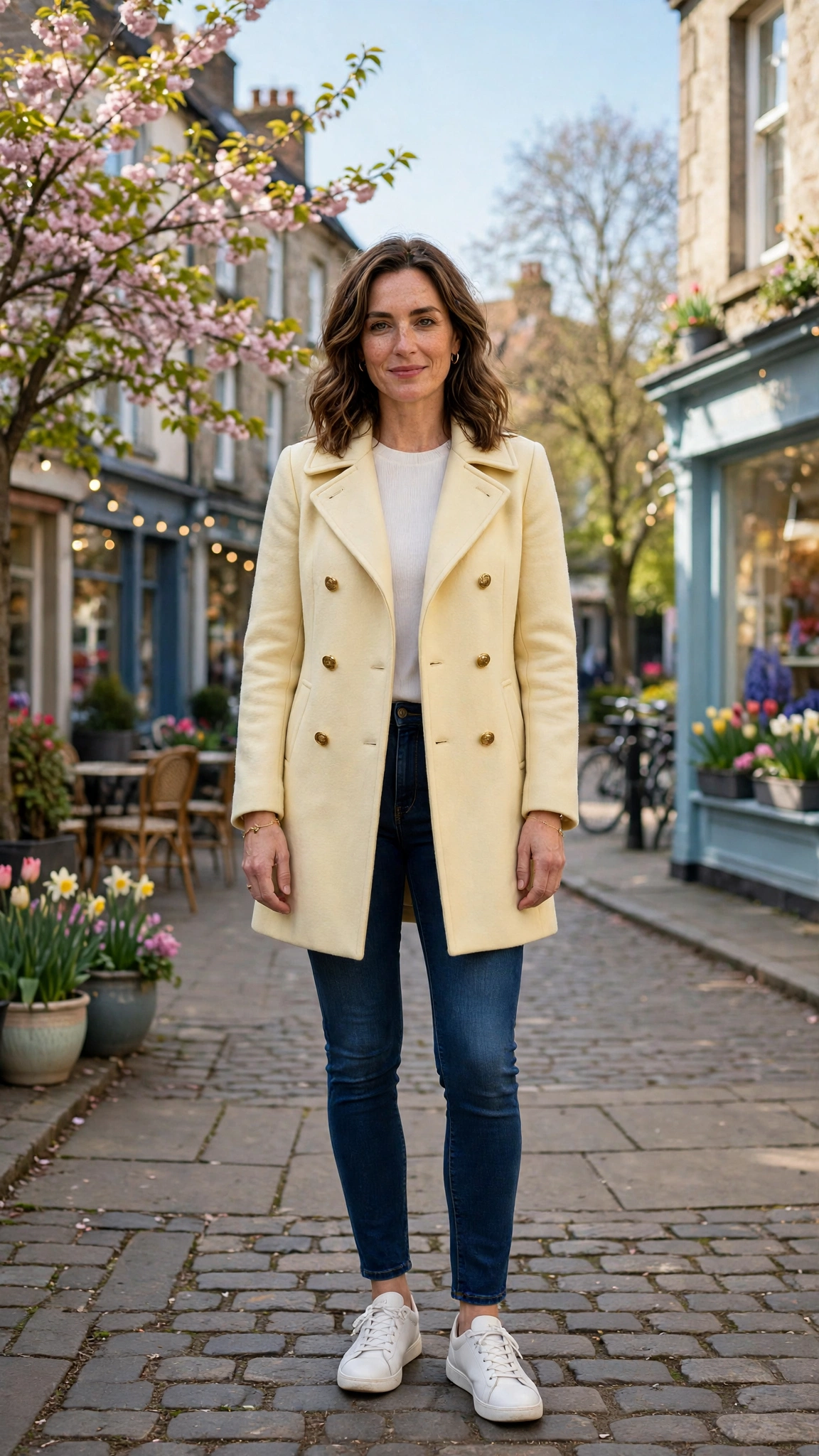 Creamy Yellow Peacoat with a delicate gold bracelet