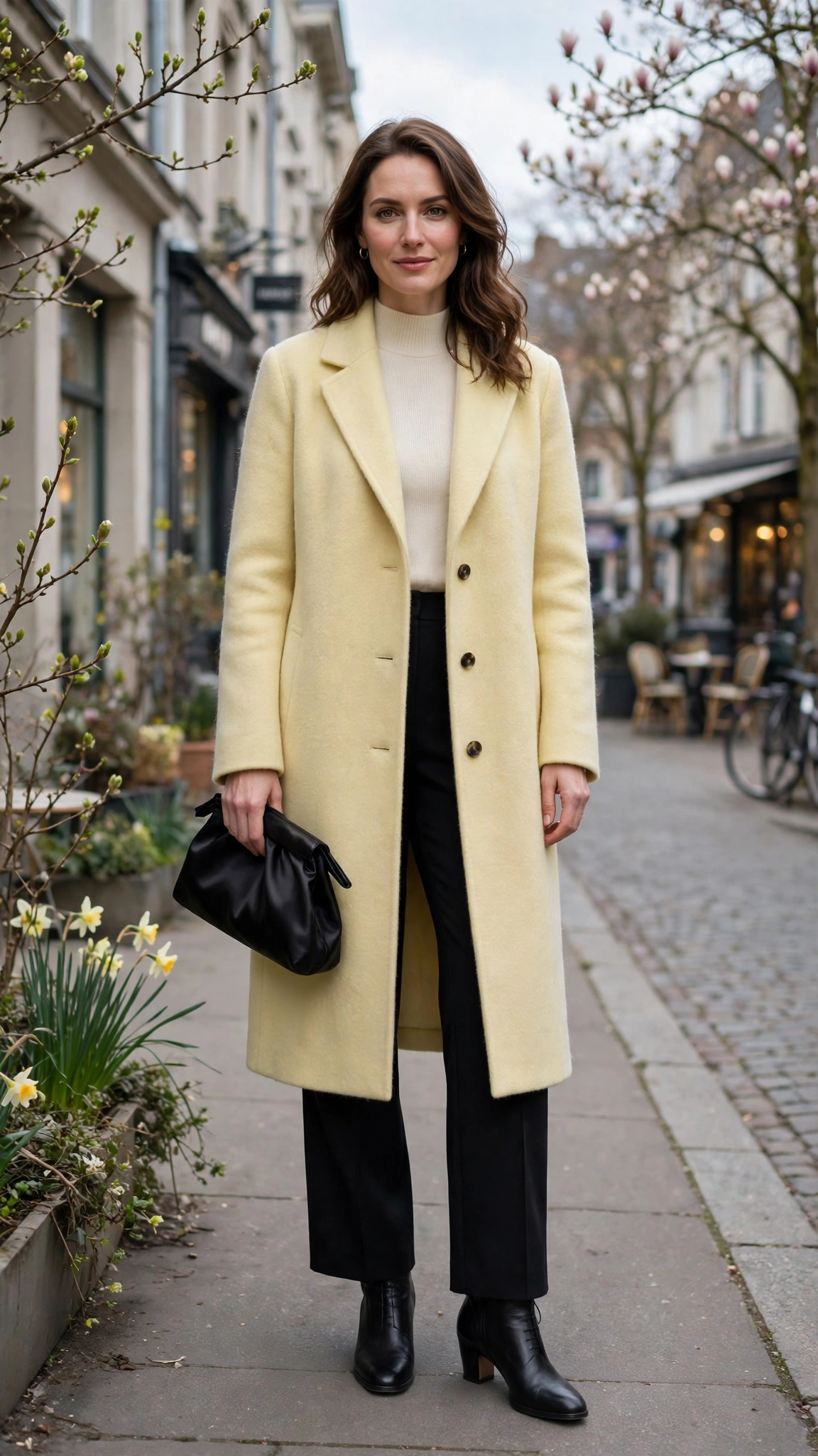 Soft Yellow Wool Coat with a black satin clutch