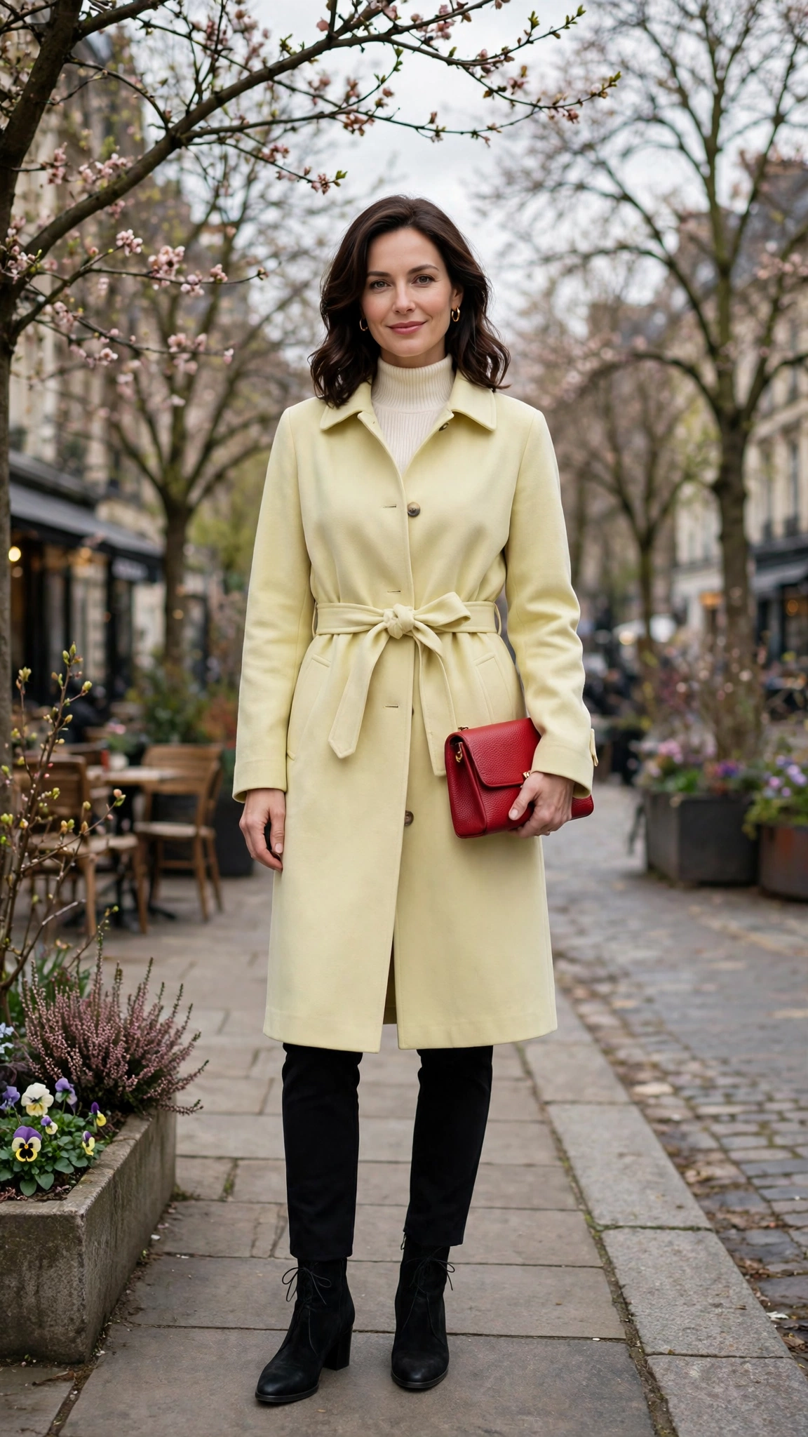 Pale Yellow Belted Coat with a red clutch