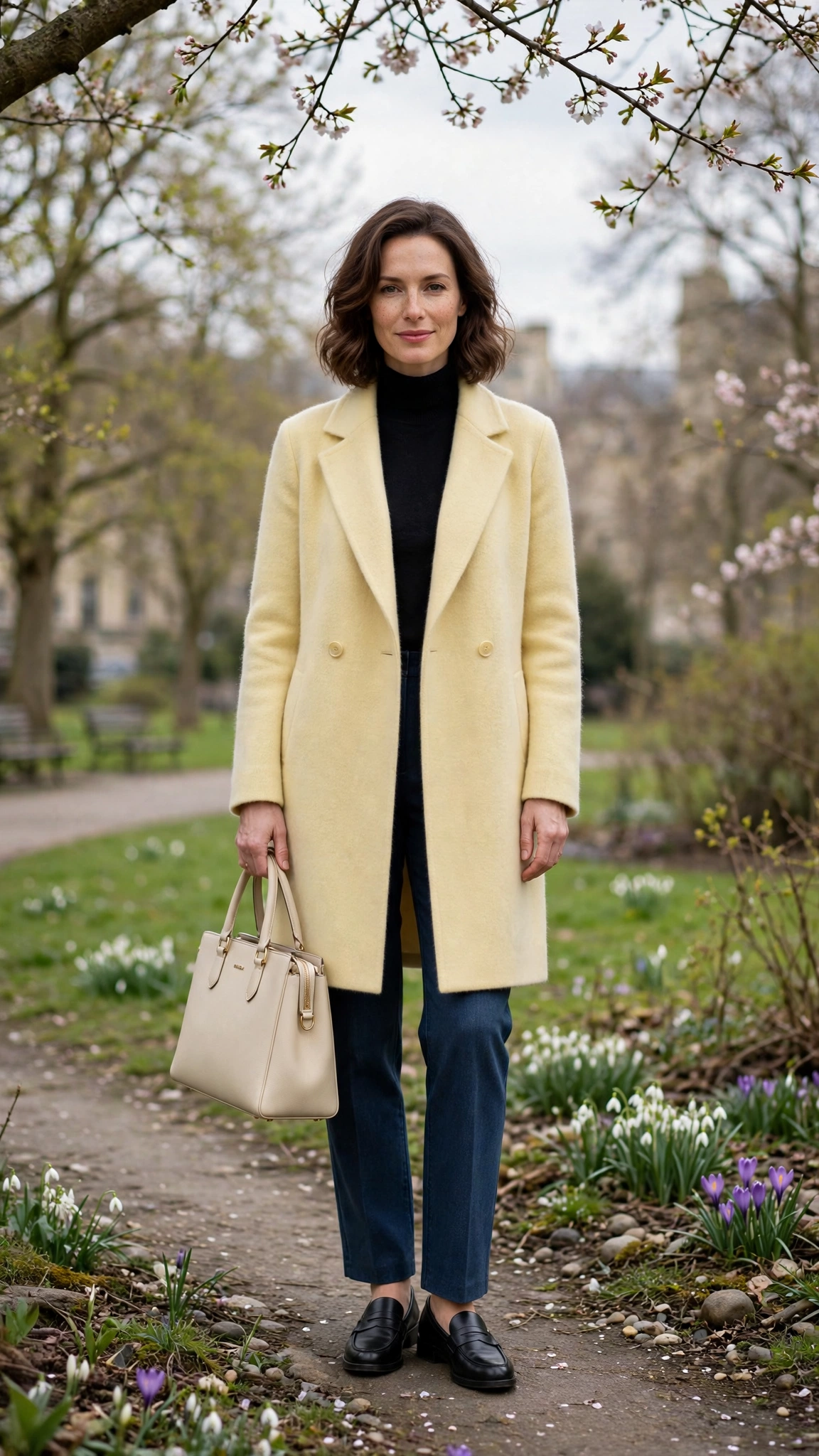Soft Yellow Cashmere Coat with a structured tote