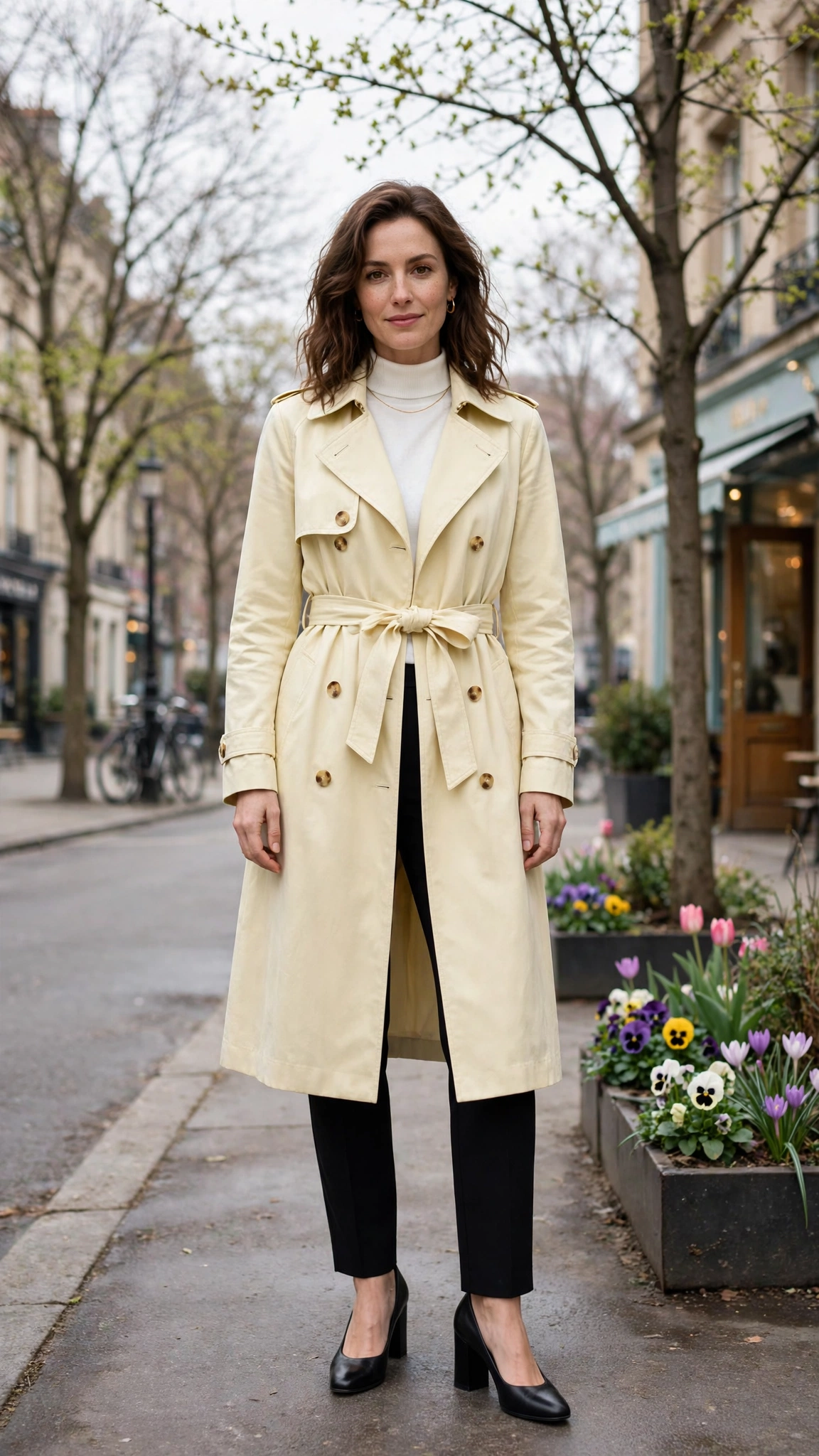 Creamy Yellow Trench Coat with black block-heel pumps