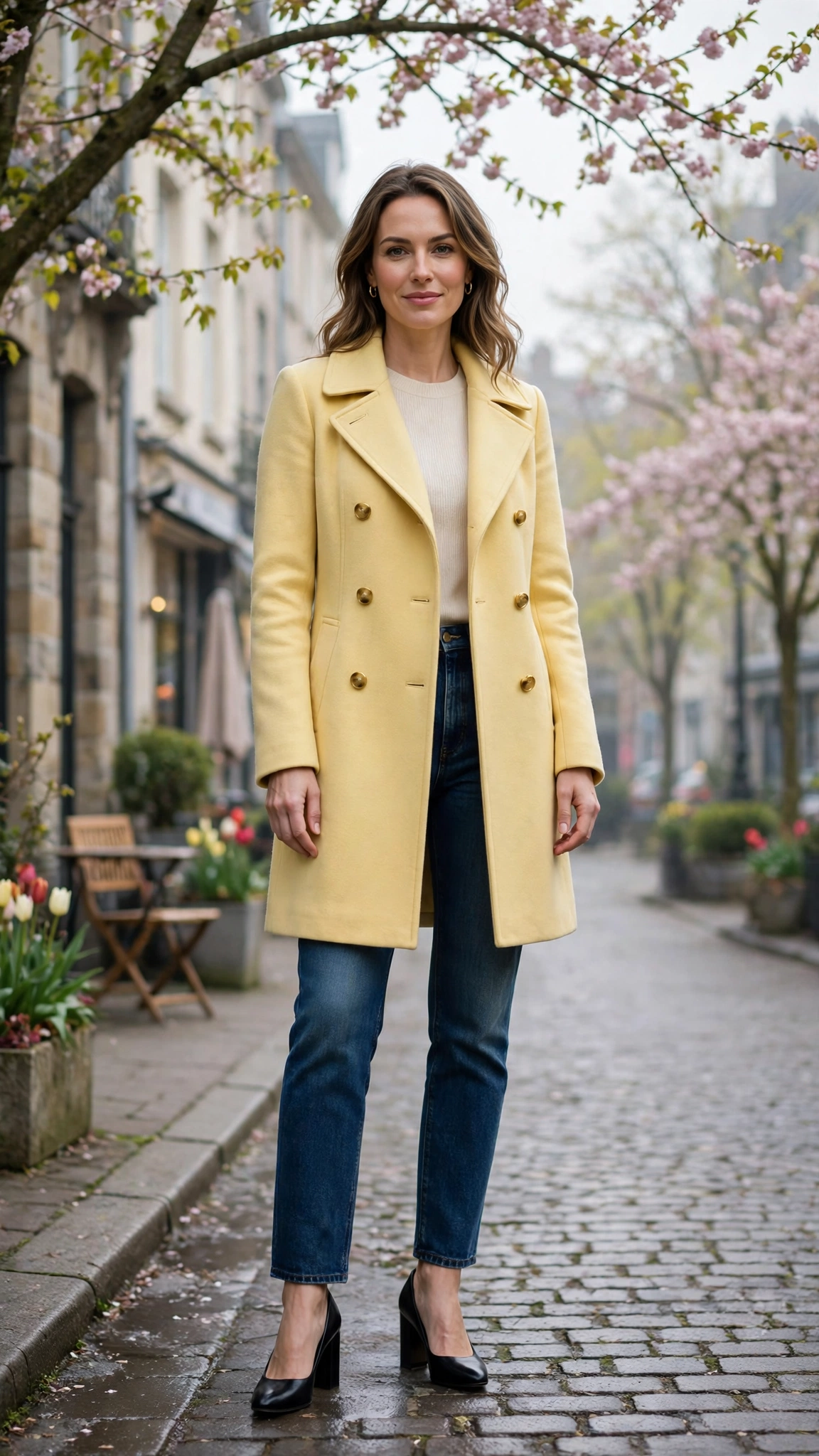 Butter Yellow Peacoat with black block-heel pumps
