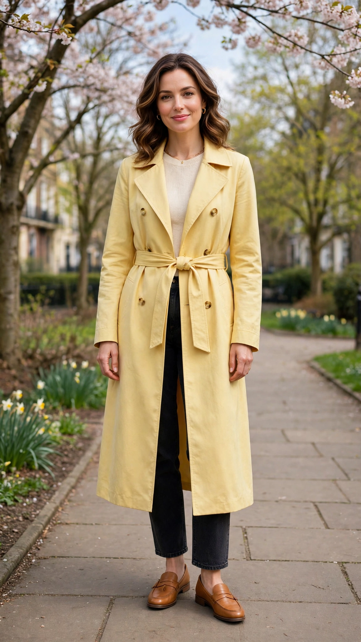 Butter Yellow Long Coat with tan leather loafers