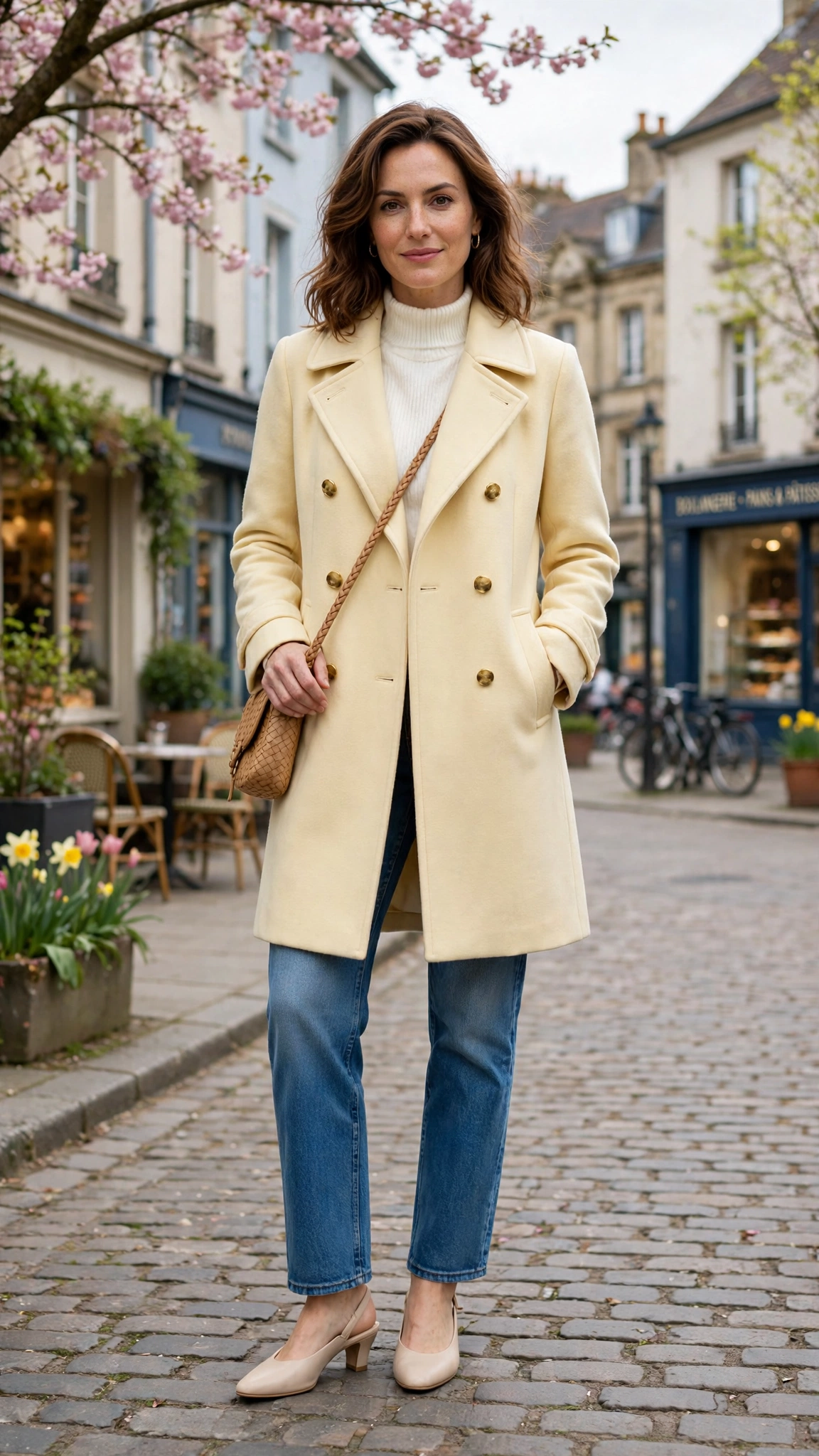 Creamy Yellow Peacoat with comfortable low heels
