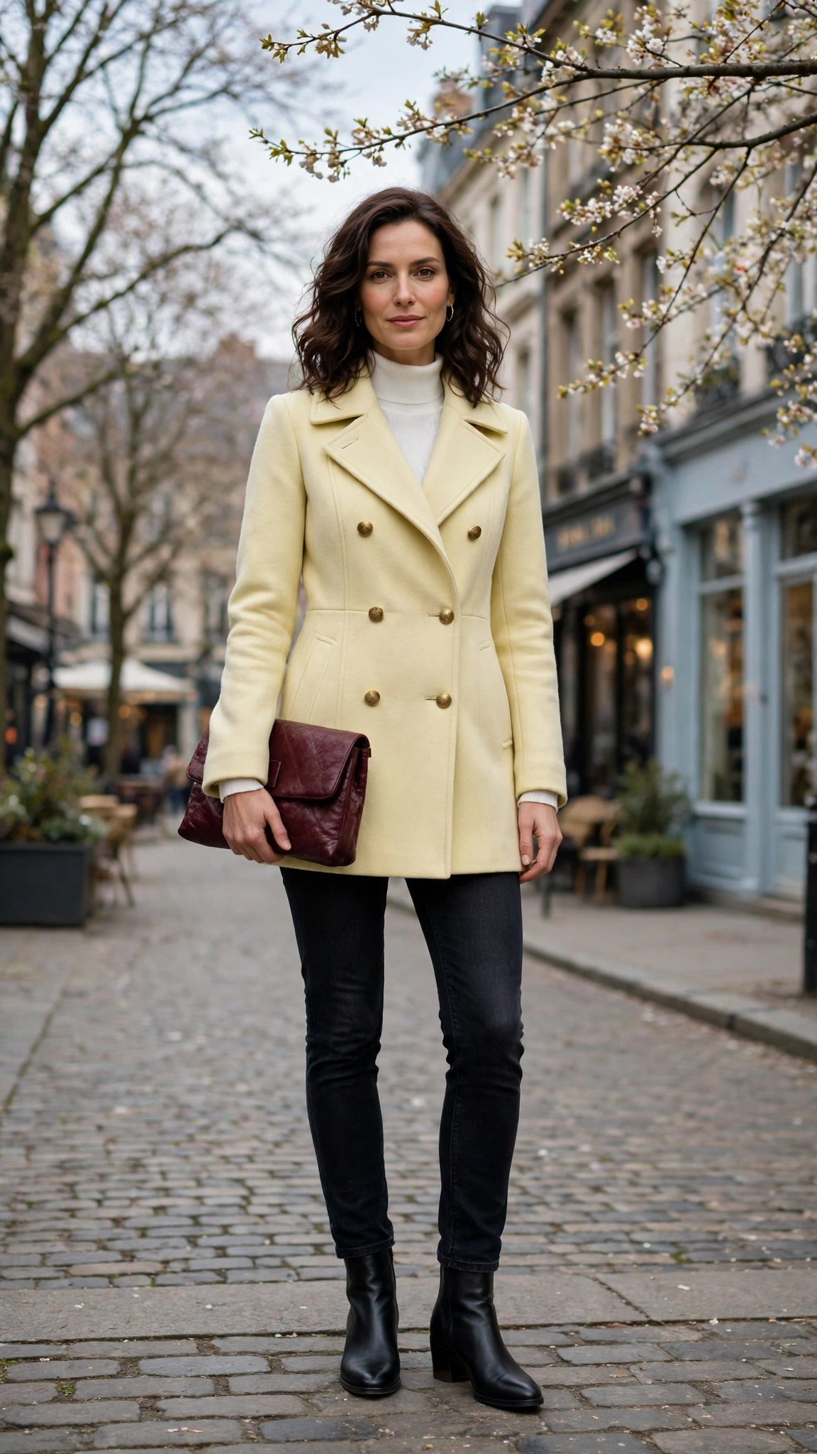 Pale Yellow Peacoat with a burgundy clutch