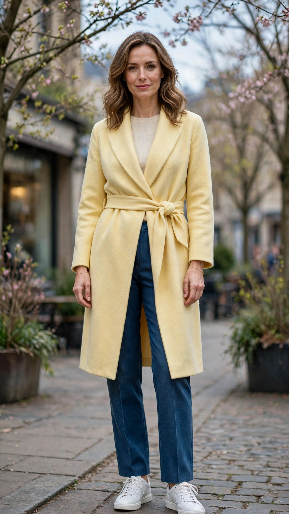 Butter Yellow Wrap Coat with a delicate gold bracelet