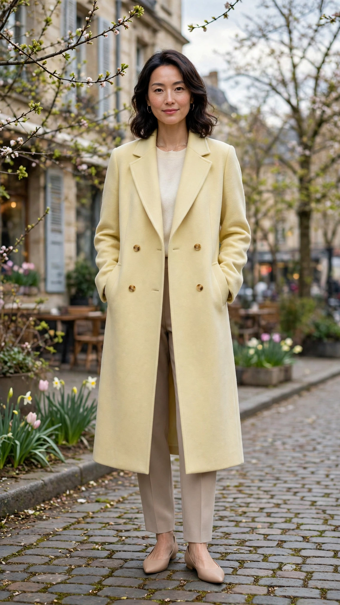 Soft Yellow Tailored Coat with nude pointed flats