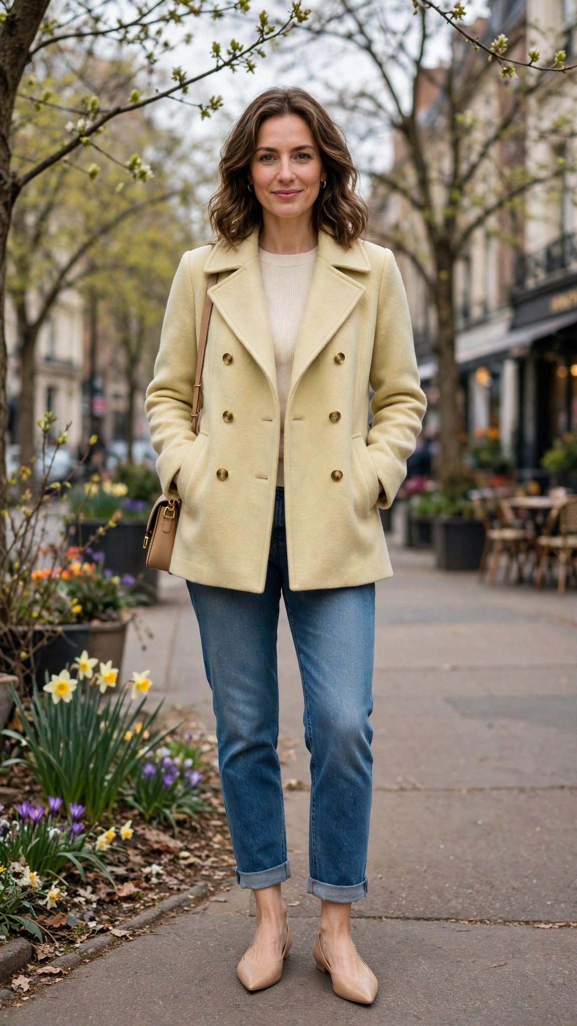 Soft Yellow Peacoat with nude pointed flats