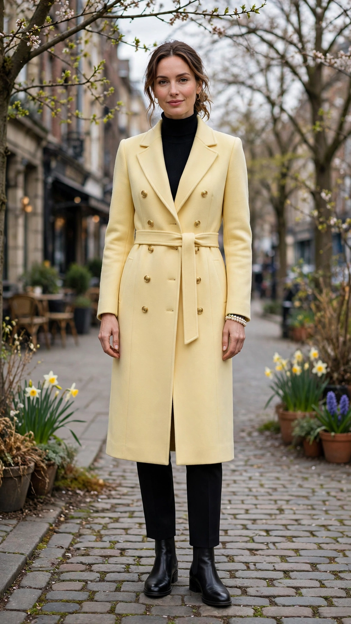 Butter Yellow Tailored Coat with a pearl bracelet